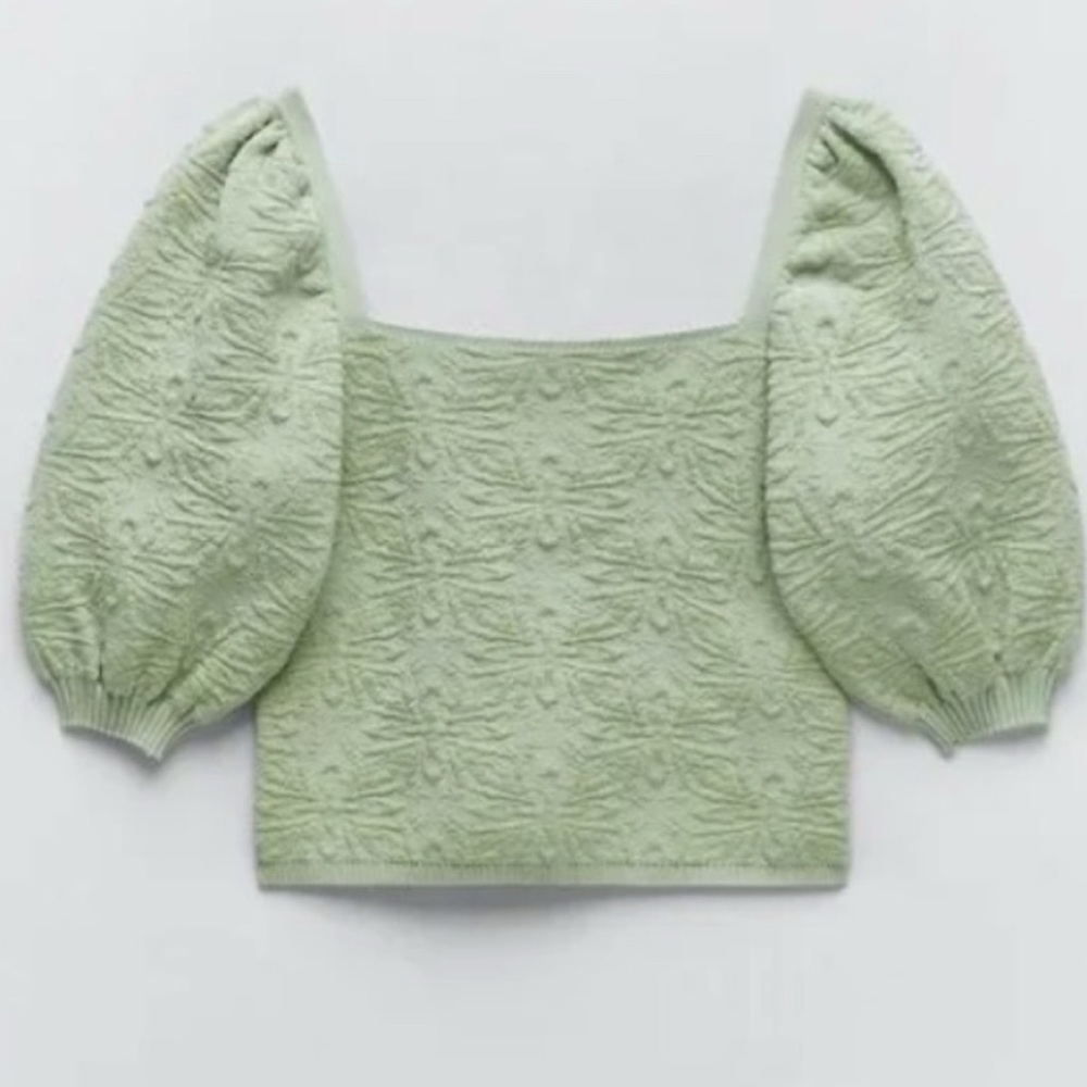 Zara Green Puff Sleeve Smocked Blouse